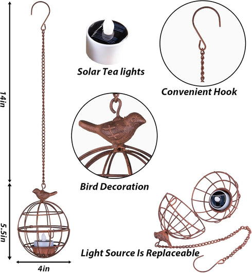4 Pack Outdoor Solar Hanging Lantern Lights, Rustic Ball Birdcage Hanging Candle Holder with Solar Tea Lights