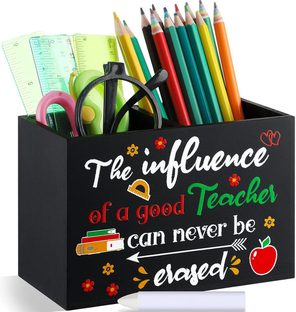 Resurhang Teacher Appreciation Gift Wood Teacher Pencil Holder with White Crayon Desk