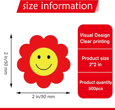 Yellow Face Stickers 2 Inch Red Flower Happy Face Sticker, 500 Round Happy Labels for Teacher Rewards