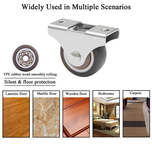 Mini Fixed Caster Wheels, 1 Inch Low Profile Small Casters with Screws for Furniture Cabinet, 4 Pack