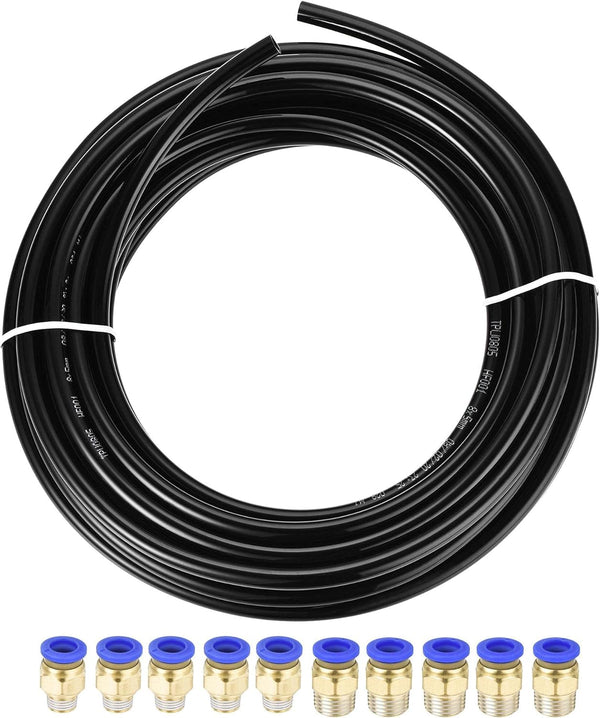 uxcell Pneumatic 8mm OD Polyurethane PU Air Hose Tubing Kit, 10 Meters Black with 10 Pcs Push to Connect Fittings