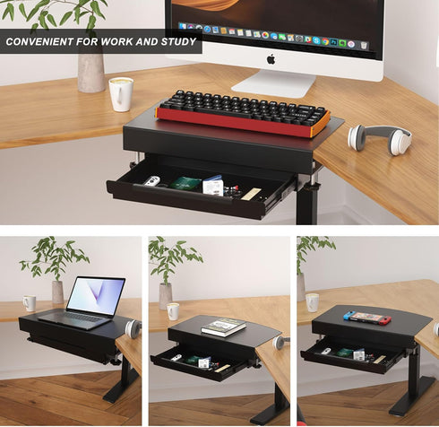 Clamp on Desk Corner Sleeve with Drawer, L Desk Connector Platform with Under Desk Drawer for Extender Desk Space