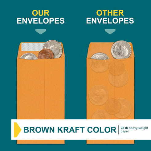 Money Envelopes for Cash - 500 Pack - Brown Self Seal Envelopes - Peel & Seal Coin Envelopes for Money, Credit Cards,