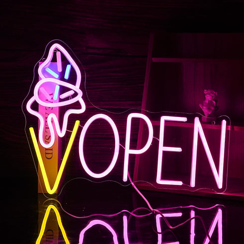 Dimmable 16.5 12.6 Ice Cream Open Neon Sign LED Light up Ice Cream Sign Dessert Open Wall Decor Sign for Business Store
