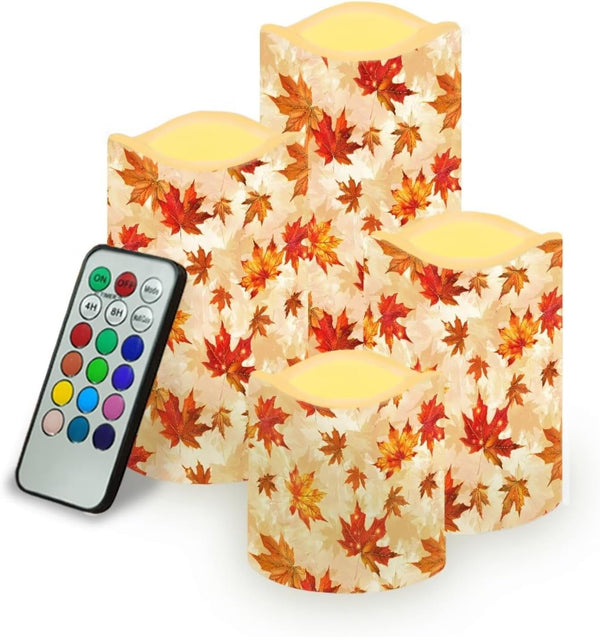 Cozeyat Fall Leaf Flameless Candles 4 Pack Battery Operated LED Pillar Candles with