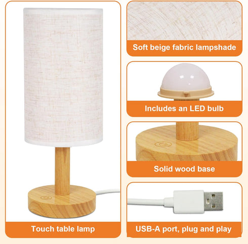 Dimming 2700K 5W 50K Bulb Touch Bedside Table Lamp - Stepless USB Powered, Minimalist Wood Base Linen Shade, Warm Light