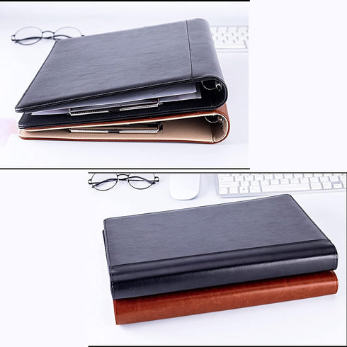 Enyuwlcm PU Leather Padfolio Ring Binder - Clipboard Resume Leather Portfolio with 20 Clear Plastic Sleeves, Black