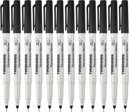 TWOHANDS Permanent Markers, Ultra Fine Tip, 0.5mm, Black, 12 Count