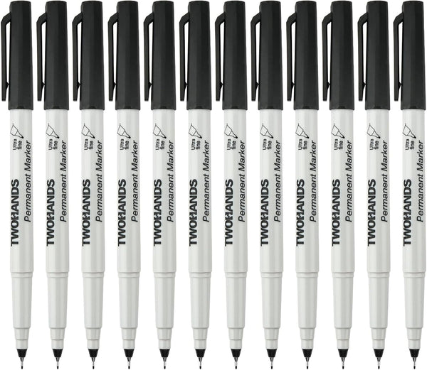 TWOHANDS Permanent Markers, Ultra Fine Tip, 0.5mm, Black, 12 Count