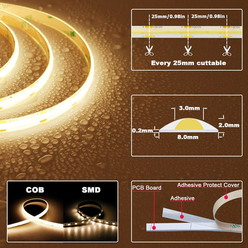 12V 3000K IP65 480LEDs/M 4000Lm CRI>90 16.4ft/5M TOPAI COB LED Strip Light Warm White Waterproof Super Bright Dotless