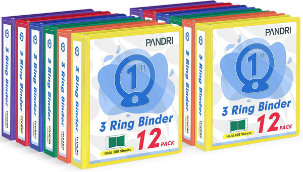 PANDRI 12 Pack 1-Inch Binder, 1 Inch 3 Ring Binder Fits Letter Size 8.5'' x 11'' Paper, Assorted 6 Color, 2 Pockets