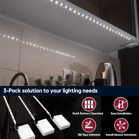 3 Pack 40 Inch 6500K BestLuz Battery Powered LED Strip Lights, Cordless White LED Light Strips for Shelves and Under