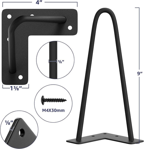 9 Inch 4PCS SMARTSTANDARD Heavy Duty Hairpin Furniture Legs, Metal Home DIY Projects for TV Stand, Sofa, Dresser