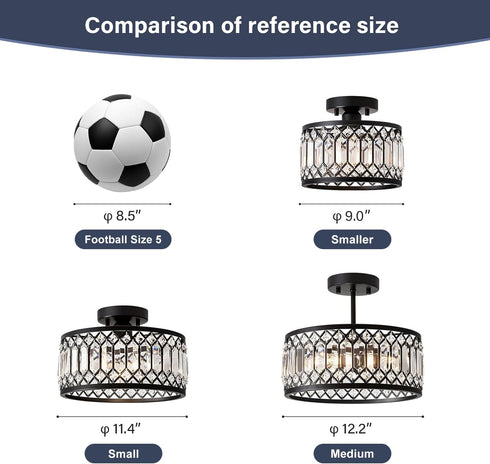 1-Light, 9 Inch Pevfah Crystal Black Ceiling Light, Modern Semi Flush Mount Ceiling Lighting Fixture, Round Hallway