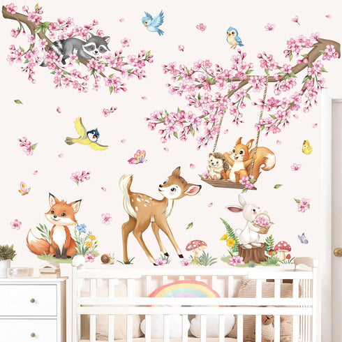 decalmile Woodland Animals Pink Flower Wall Stickers Cherry Blossom Branch Deer Fox Wall Decals Baby Nursery Kids