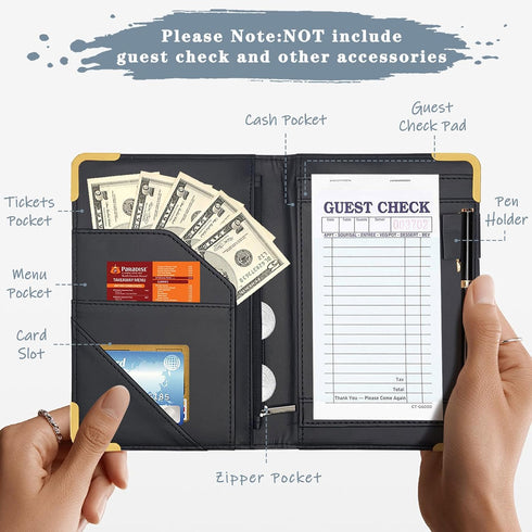 YeeCASE Server Book, Waiter Wallet in High Quality Leather, with Money Pocket and Zipper Pouch, Restaurant Waitstaff