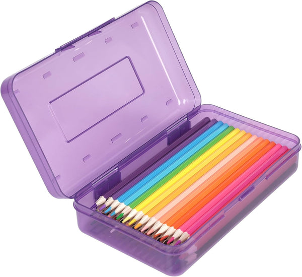 Large Capacity Colored Pencil Case, Clear Purple Plastic Box for Kids, Adults, Girls, Boys, Hard Crayon Storage with Lid