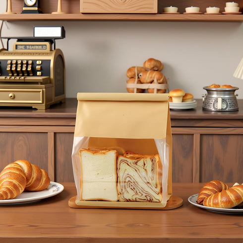 50 9x4.3x11 Inch PCS Bakery Bags with Window - Large Bread Bags for Homemade & Sourdough Bread, Brown Paper Bread Bag
