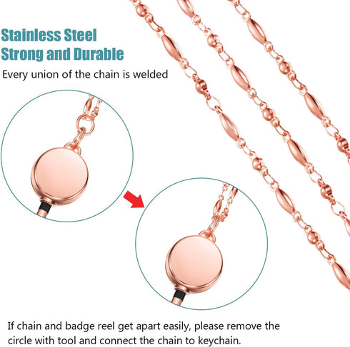 Zonon Retractable Badge Reel Lanyard with ID Holder for Women - Stainless Steel Necklace with 3 Name Badge Clips