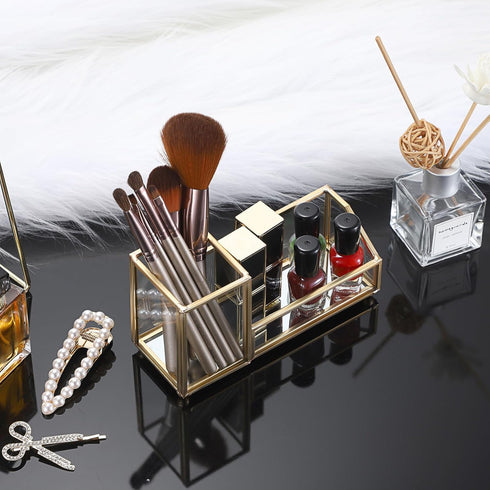 Hipiwe Glass Business Card Holder with Pen Pencil Cup, Gold Metal Name Card Display Organizer for Office Desk