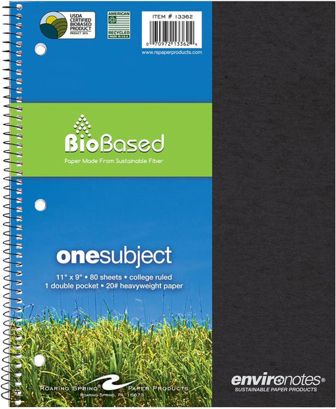 Roaring Spring Environotes College Ruled 1 Subject Recycled Spiral Notebook, Assorted Earthtone Covers, 11" x 9", 80