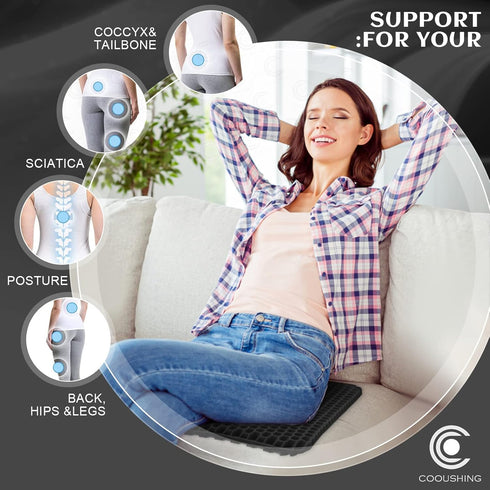Cooushing Gel Seat Cushion, for Long Sitting -Double Thick Gel Seat Cushion Breathable Honeycomb Chair Cushion