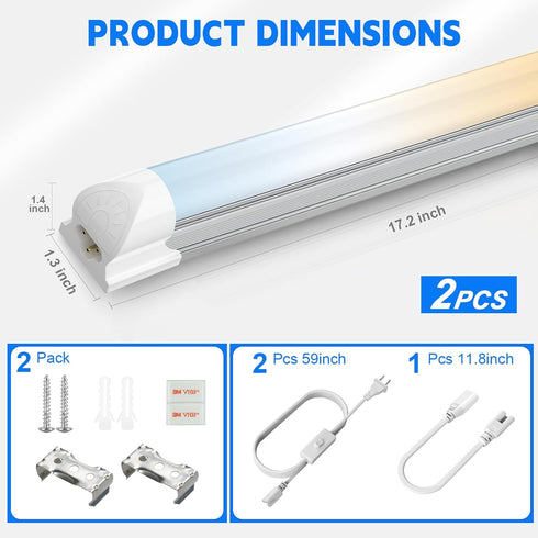 1.5FT, 3 3500K/5000K/6500K, 16W 1920LM, 18-inch T8 (2-Pack) CNSUNWAY LED Shop Lights Color Changing Under Cabinet