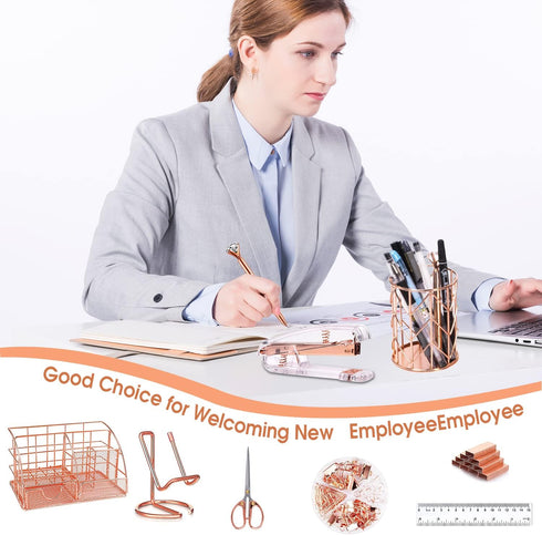 Rose Gold Desk Organizers Set with Stapler, Pen Holder, Phone Holder, Scissors, Ruler, Clips, Tacks, and Staples