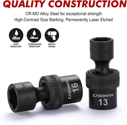 10 3/8" Set, 6 Metric,10-19mm CASOMAN PCS Drive Standard Universal Impact Socket Point, CR-MO