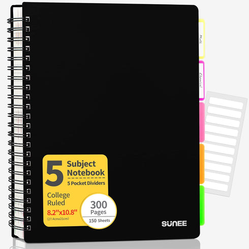 SUNEE 5 Subject Notebook, College Ruled, 300 Pages, 8.2"x10.8", 5 Pocket Colored Dividers, 3-Hole Punched Paper, Black