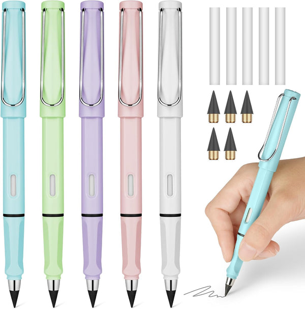 Inkless Pencil with Eraser, 5 Sets of Infinity Everlasting Pencil, Reusable Infinite Pencil with Extra Erasers