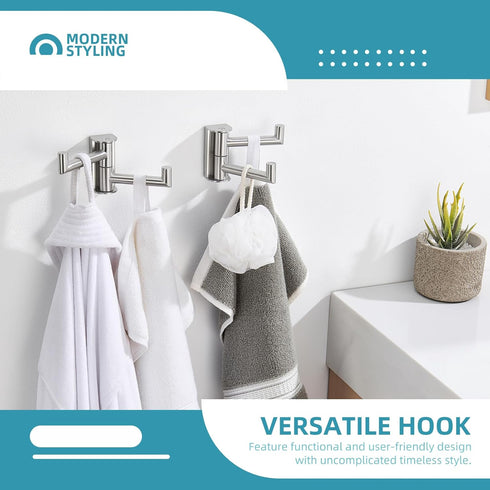 2 Pack, 304 Angle Simple Swivel Towel Double Hook Brushed Nickel Stainless Steel Bathroom Robe Hook