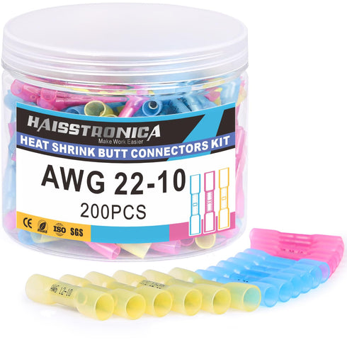 haisstronica 200PCS 22-10 AWG Mixing Heat Shrink Butt Connectors, Tinned Red Copper Marine Grade Electrical Connectors