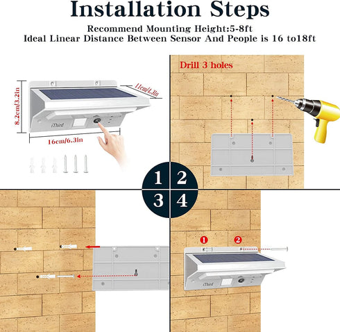 3 iThird Solar Lights Outdoor Motion Sensor, LED Solar Powered Outdoor Lights Stainless Steel Solar Security Light