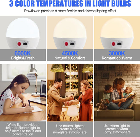 Cordless Rechargeable Battery Operated Light Bulbs, 2 Pack, E26 Wireless LED, 500LM, Dimmable, Timer