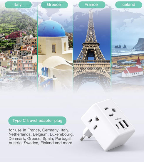 European Travel Plug Adapter with USB Charging Ports, International Type C Power Adapter for US to Europe
