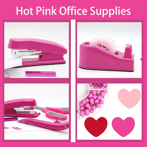 UPIHO Hot Pink Office Supplies Set, Stapler and Tape Dispenser with Clips, Scissors, and Sticky Notes