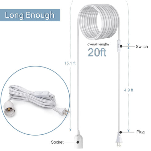 2-Pack 20ft 360W E26 E27 JACKYLED Extension Hanging Lantern Cord Cable UL with Socket On/Off Button Pendant Lighting