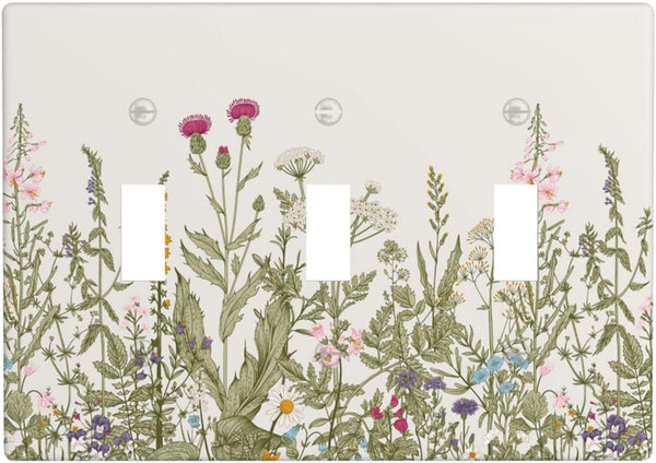 Wild Flower Light Switch Cover, 3 Gang Wall Plate, Vintage Floral Decorative Switch Plates for Home