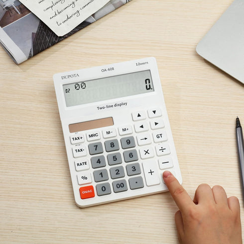 Desktop Calculator with Large Display, 12 Digits, Dual Solar Power and Battery, Tax and Check Function for Office, Home