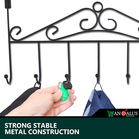 Andalus Heavy-Duty Vinyl-Coated Over The Door Hooks – 7 Hooks for Hanging Towels, Coats, Bags, Clothes (Black)