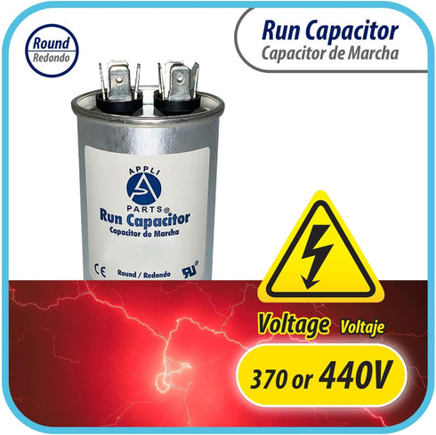Appli Parts Run Capacitor for AC, 7.5 Mfd uF, 370/450 VAC, CBB65 Round Universal Fit for HVAC, 2-1/2" High, 1-1/2" Wide