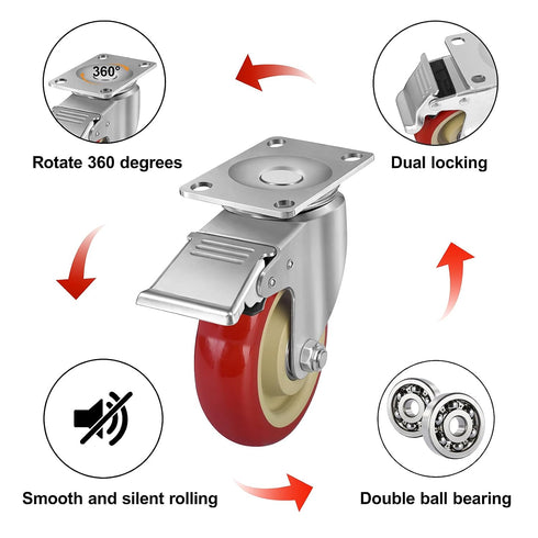 FOCBUGU 4 Inch Set 4, 2200lbs Heavy Duty Swivel Caster Wheels with Brake, of Industrial Locking Rolling Plate Casters