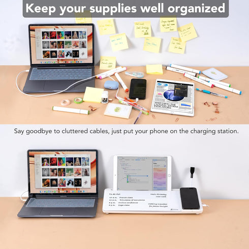Varhomax Glass Desk Whiteboard with Wireless Charger, Desktop Dry Erase Board with Storage, Memo Notepad for Home Office