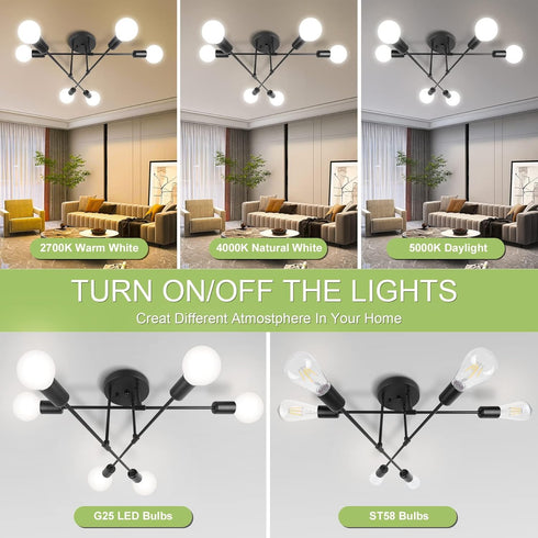 6 E26 Bulbs CANMEIJIA Modern Sputnik Chandelier Ceiling Light Fixture with Lights Black Mid Century Ceiling Mount
