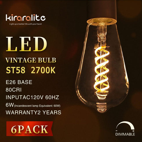 6 Pack ST19(ST58) LED Edison Bulb, Vintage LED Filament Bulb,Softy White 2700K, Antique Flexible Spiral LED Filament Light Bulb, Dimmable 600LM, 6W Equivalent to 60W, E26 Base,Clear Glass by Kiraralite