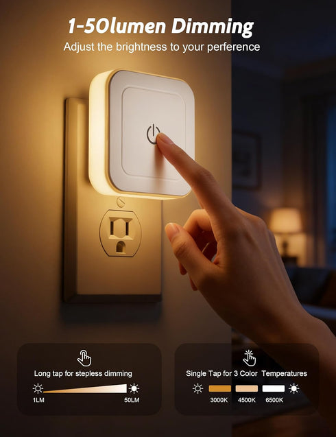 4 Pack 1-50LM Dimming 3CCT (3000K/4500K/6500K), Sujeet Night Light, Stepless LED Night Light with Night Lights Plug