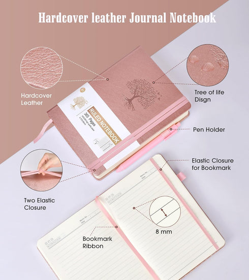 Lined Journal Notebook, 365 Pages A5 Thick Ruled Notebook, Pink Hardcover Leather for Daily Use