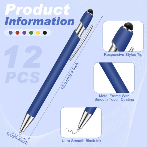 Tenare 12 Pieces 1.0 mm Black Ink Metal Ballpoint Pen with Stylus Tip, 2 in 1 Stylus for Touch Screens, Bright Color