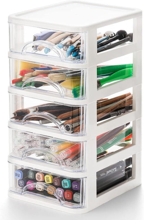 Hedume Clear Desktop Drawer, 5 Drawer Storage Unit, White Frame with Clear Drawers, Drawer Unit